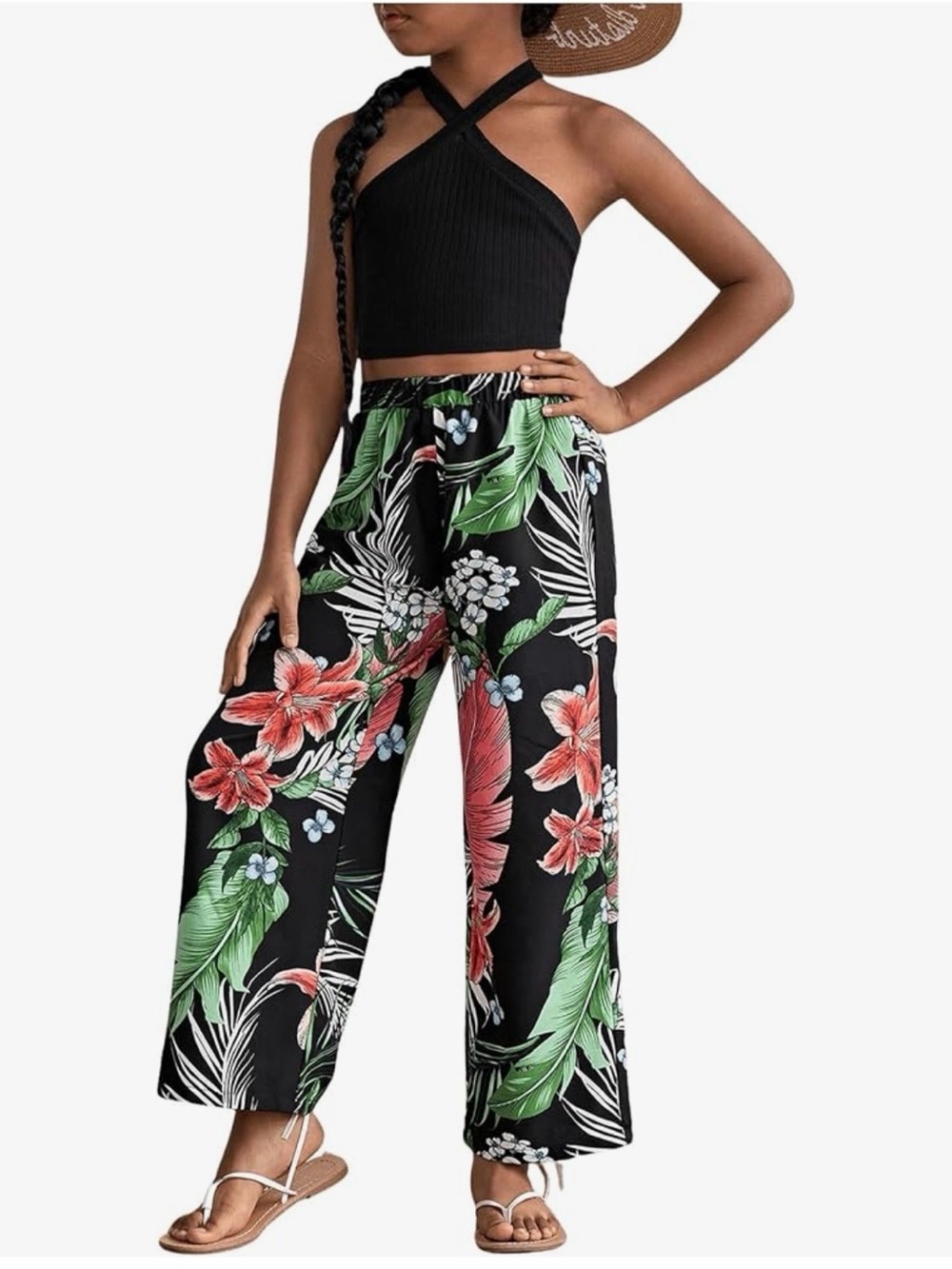 OYOANGLE Girl's Tropical print Hawaiian Boho style pants 8 years
